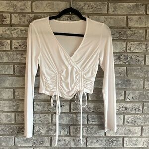 White Long Sleeve Crossover Top with Tie Front